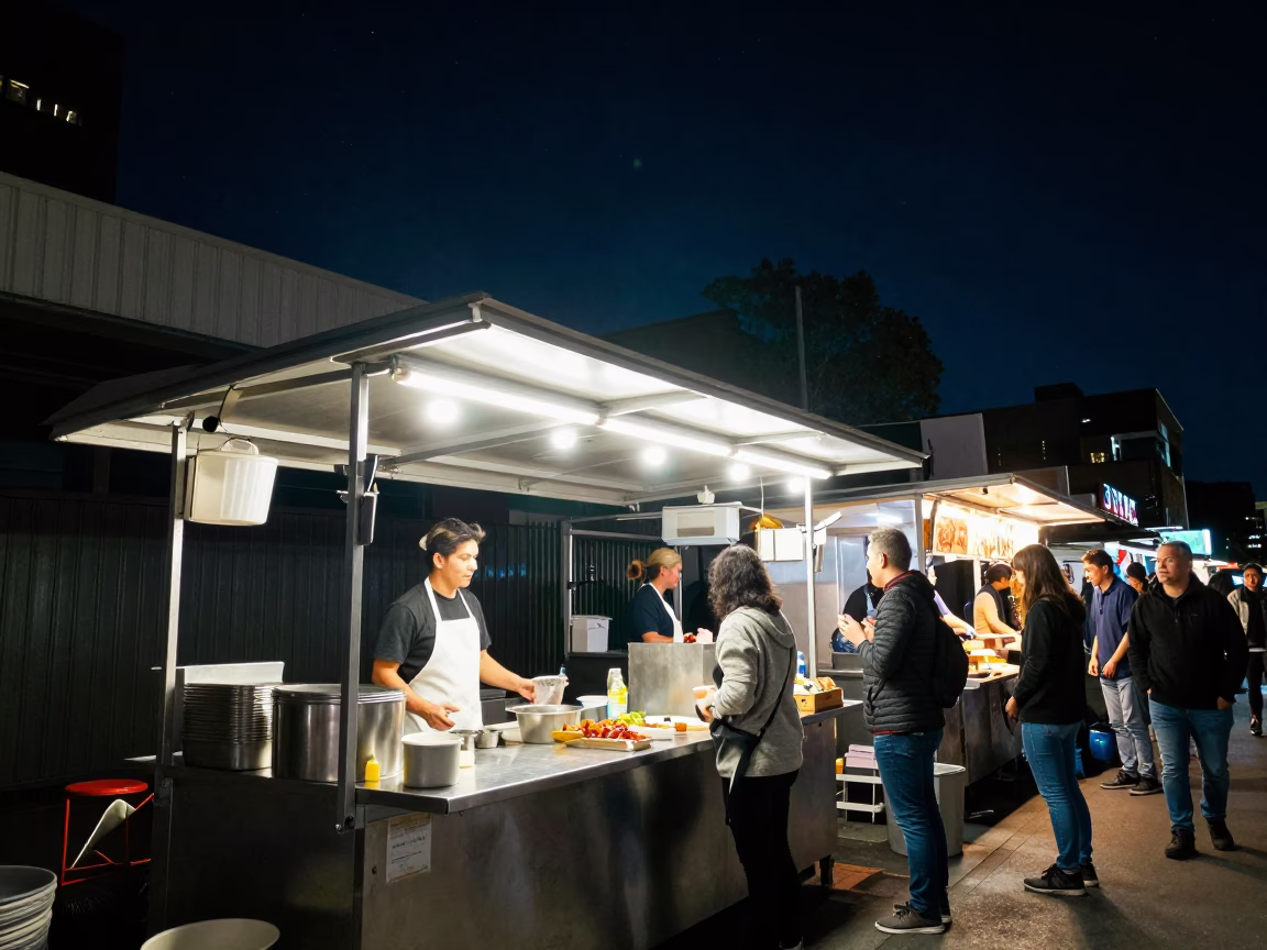 Late Night Street Food Stall in Melbourne Under Starry Night Sky in in Melbourne, Victoria, Australia