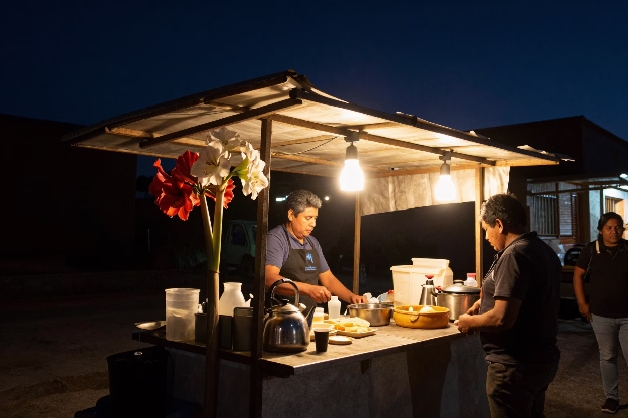 Late Night Street Food Stall in Merida Mexico with Amaryllis and Kitchen Tools in in Merida, Mexico