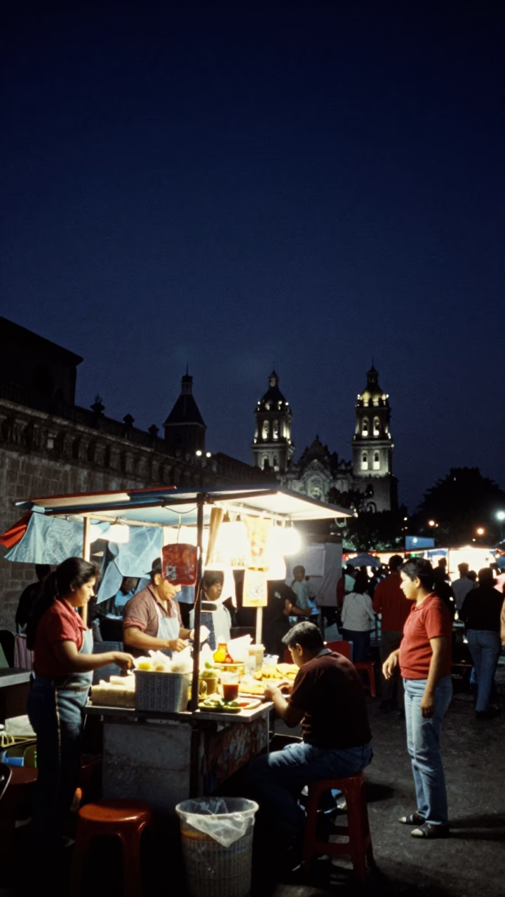 Late Night Street Food Stall in Mexico City Under Deep Night Sky in in Mexico City, Mexico