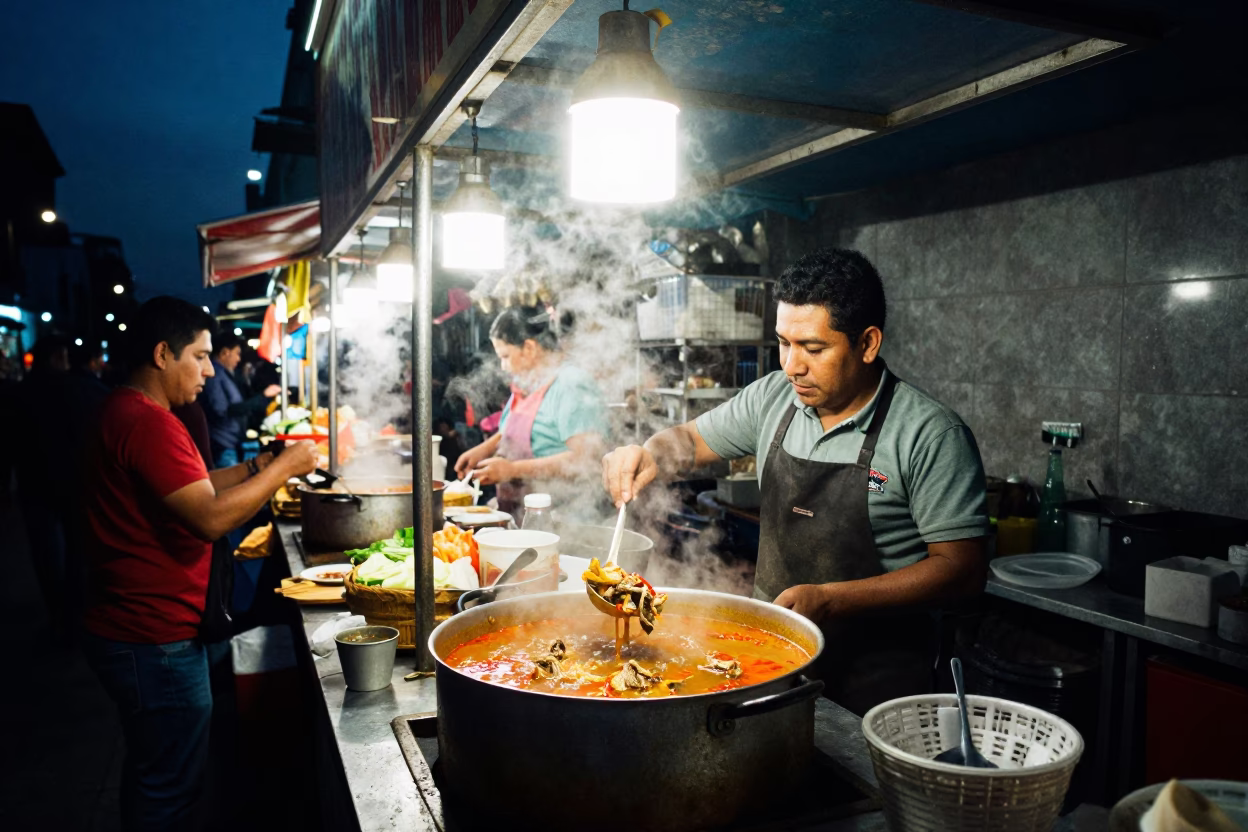 Late Night Street Food Stall in Mexico City with Pepper Soup and Steam in in Mexico City, Mexico