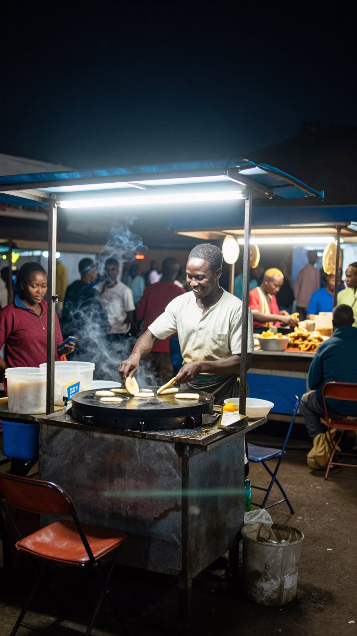 Late Night Street Food Stall in Nairobi Kenya with Folding Chair and Cooking Utensils in in Nairobi, Kenya