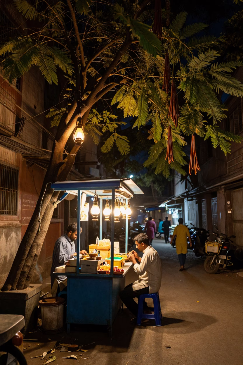 Late Night Street Food Stall in Old Delhi India with Lanterns and Tamarind Tree in in Delhi, India