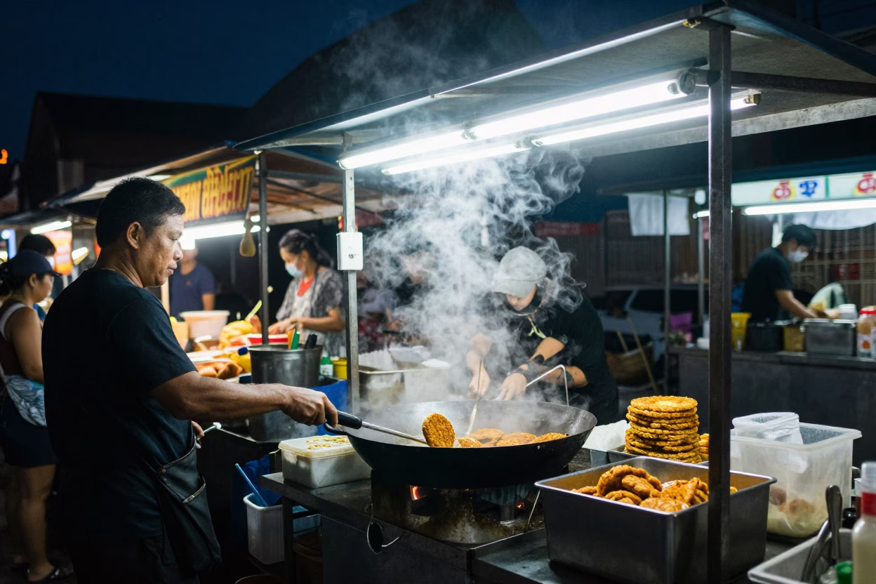 Late Night Street Food Stall in Phuket Thailand Under Deep Night Sky in in Phuket, Thailand