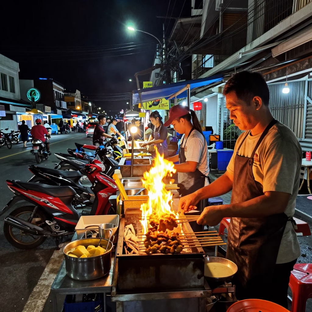 Late Night Street Food Stall in Phuket Thailand with Motorcycles and Moonlight in in Phuket, Thailand