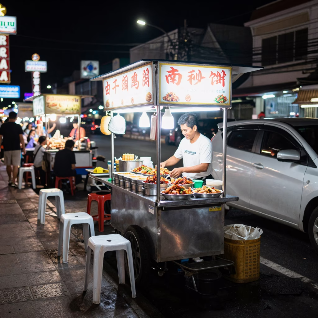 Late Night Street Food Stall in Phuket Thailand with Plastic Seating and Sauce Bottles in in Phuket, Thailand