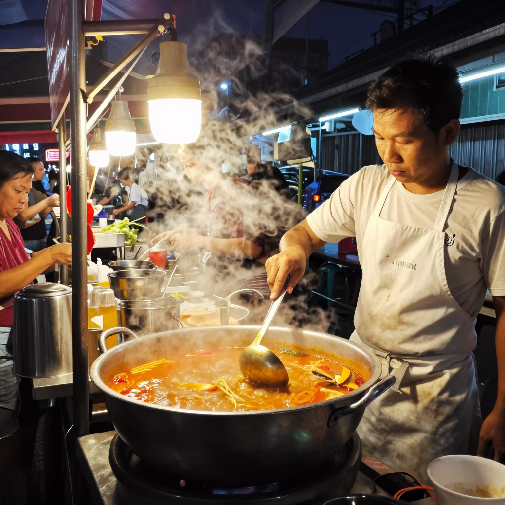 Late Night Street Food Stall in Phuket Thailand with Steam and Lanterns in in Phuket, Thailand