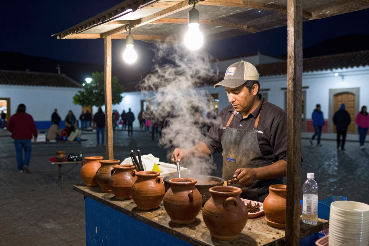 Late Night Street Food Stall in Quito Ecuador with Clay Pot and Porcelain Bowl in in Quito, Ecuador
