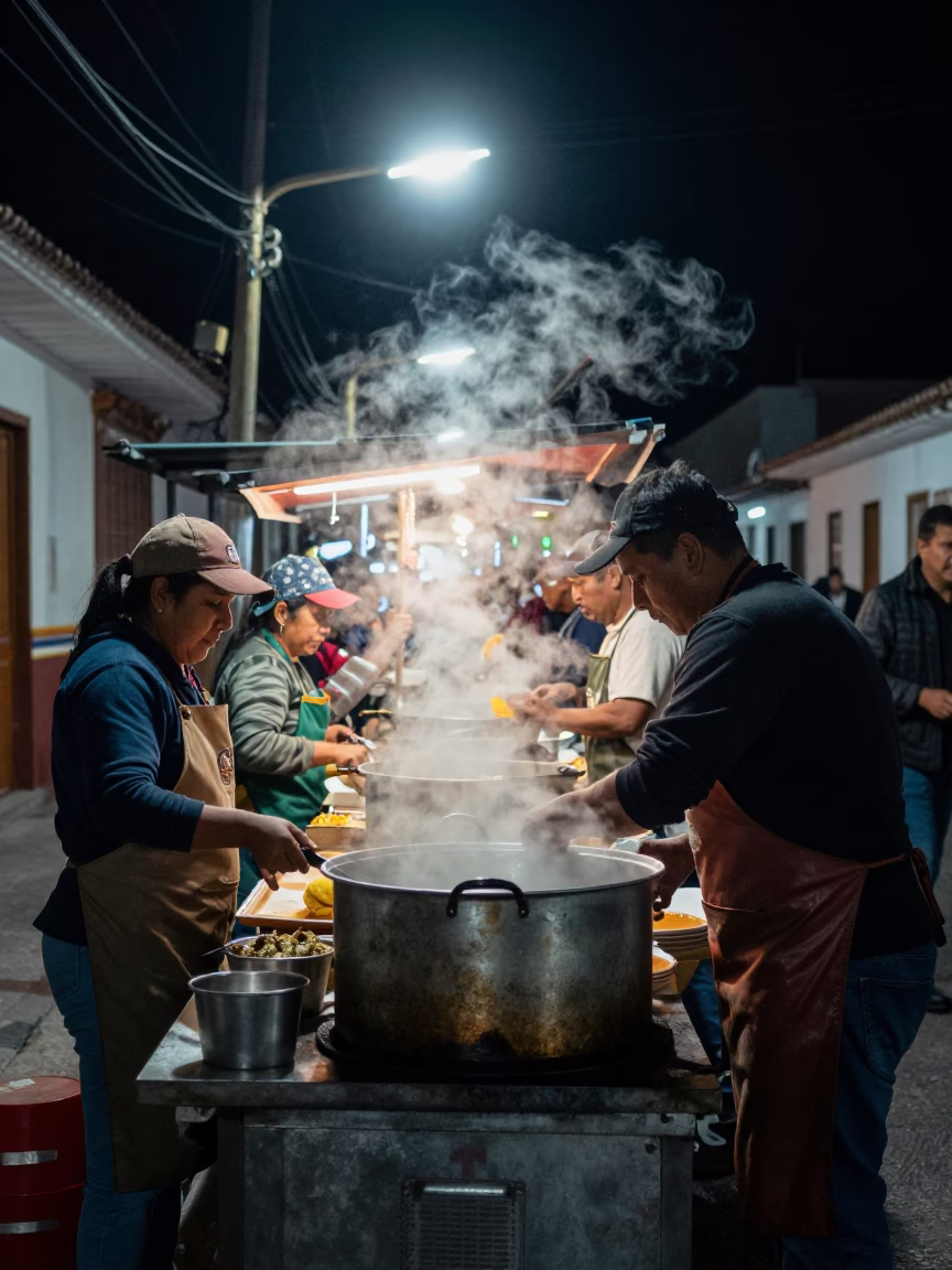 Late Night Street Food Stall in Quito Ecuador With Steam And Urban Neon in in Quito, Ecuador