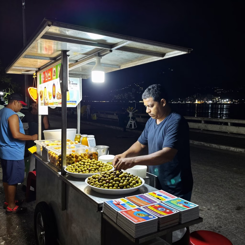 Late Night Street Food Stall in Rio de Janeiro Brazil with Olives and Postcards in in Rio de Janeiro, Brazil