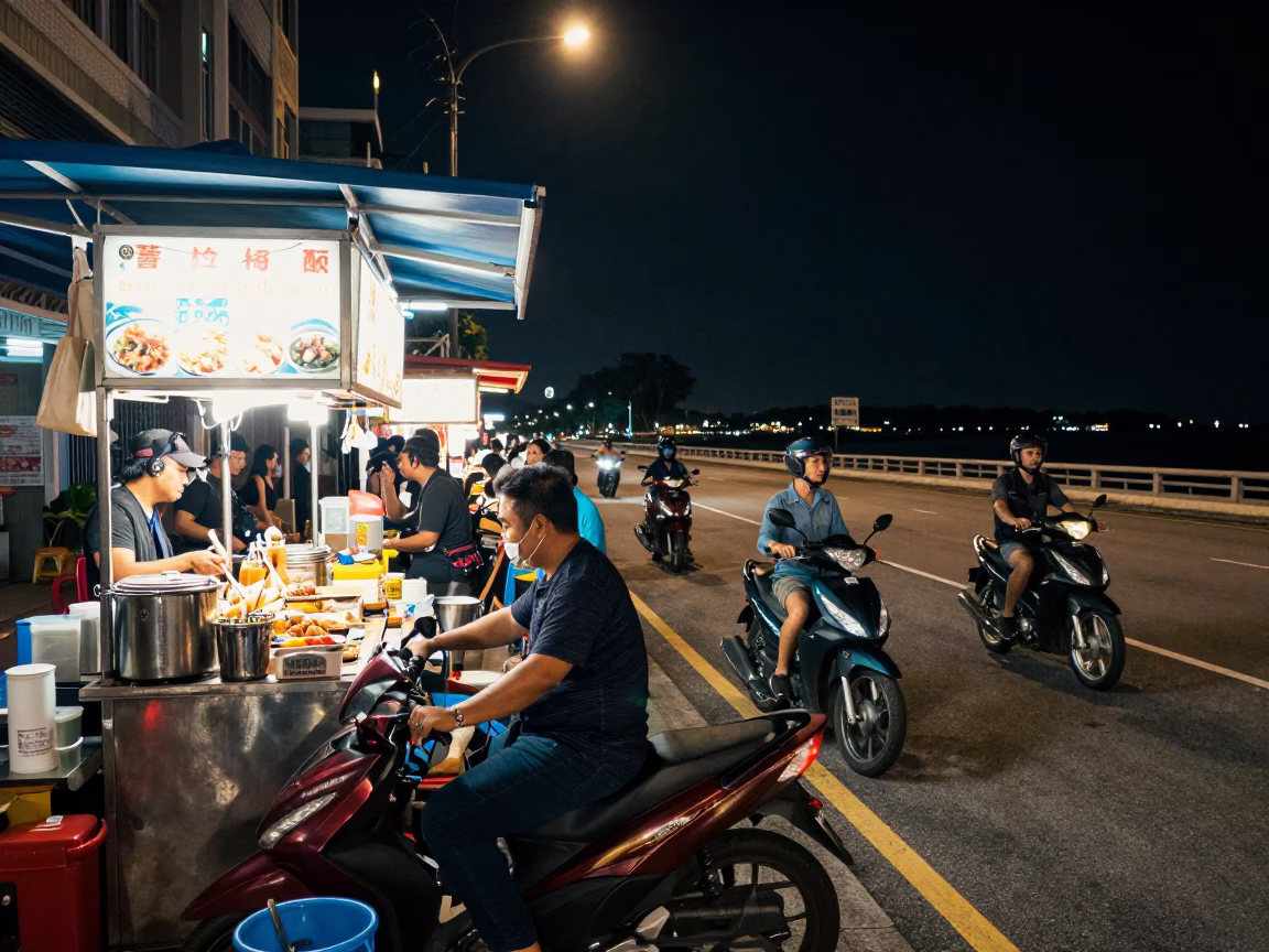 Late Night Street Food Stall in Singapore with Motorcyclist and Cooking Pot in in Singapore, Singapore