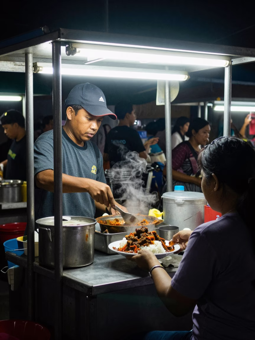 Late Night Street Food Stall in Surabaya Indonesia with Beef Rendang and Steamed Rice in in Surabaya, Indonesia