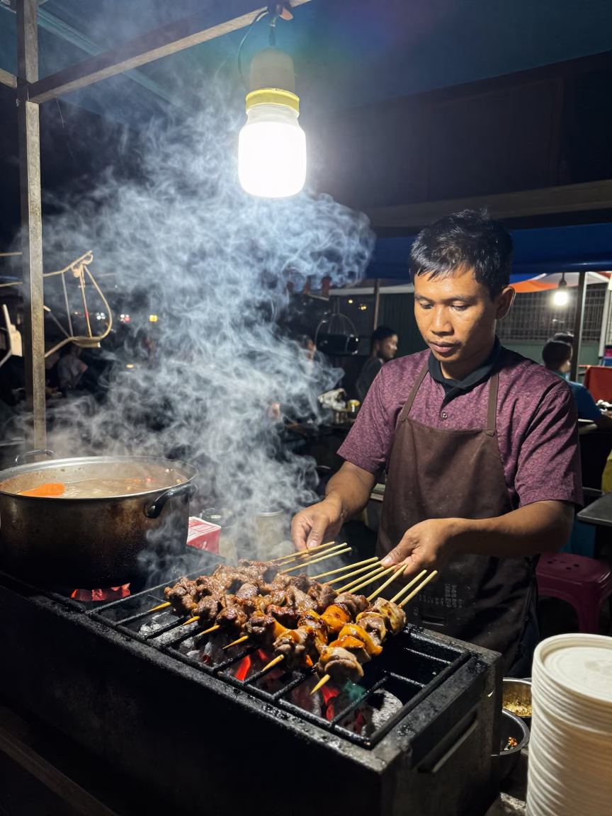 Late Night Street Food Stall in Surabaya Indonesia with Kebab and Samosas in in Surabaya, Indonesia