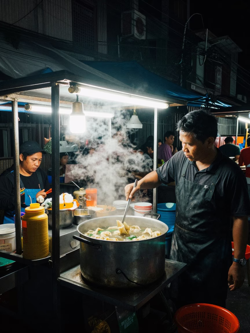 Late Night Street Food Stall in Surabaya Indonesia with Wonton Soup and Bok Choy in in Surabaya, Indonesia