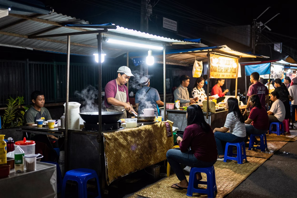 Late Night Street Food Stall in Surabaya Indonesia with Woven Mats and Local Diners in in Surabaya, Indonesia