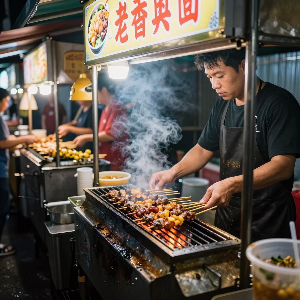 Late Night Street Food Stall in Tainan Taiwan Kebab Grilling and Neon Signs in in Tainan, Taiwan