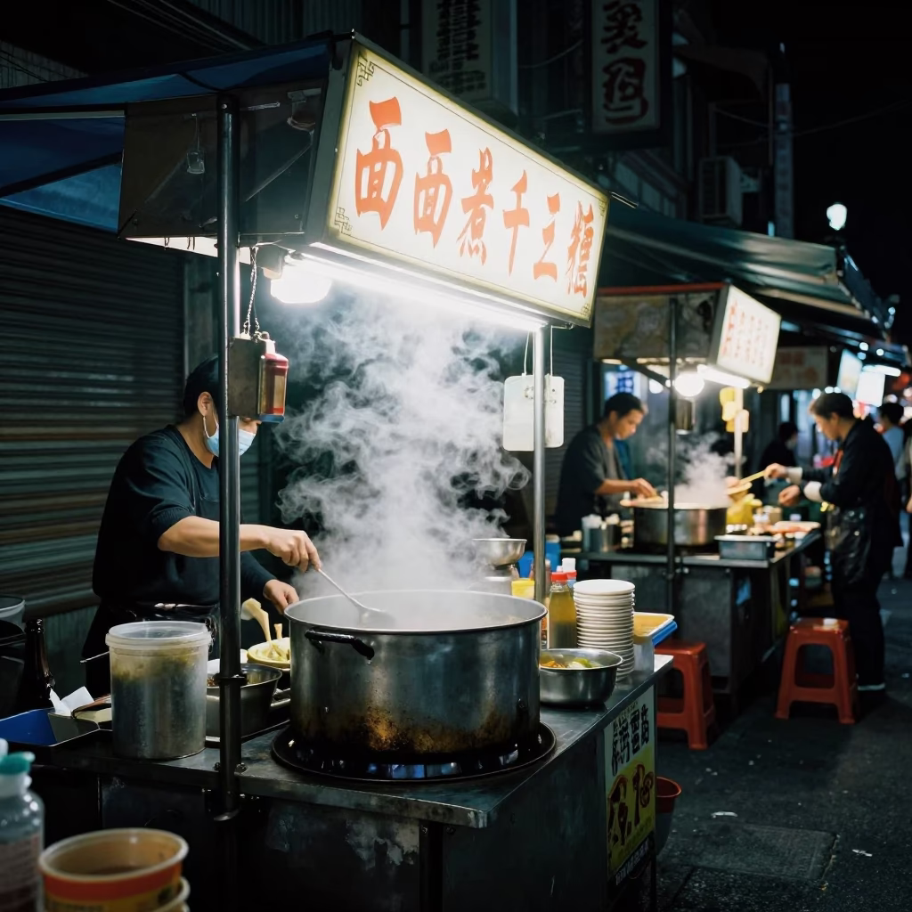 Late Night Street Food Stall in Tainan Taiwan with Steam and Neon in in Tainan, Taiwan