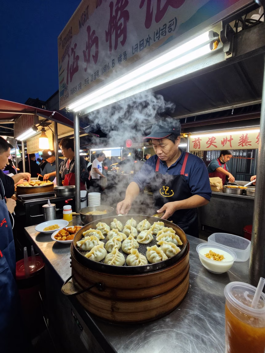 Late Night Street Food Stall in Tainan Taiwan with Steaming Dumplings and Waxy Camellia in in Tainan, Taiwan