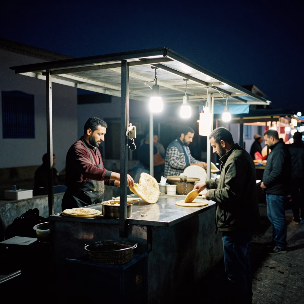 Late Night Street Food Stall in Tunis Tunisia Under Deep Night Sky in in Tunis, Tunisia