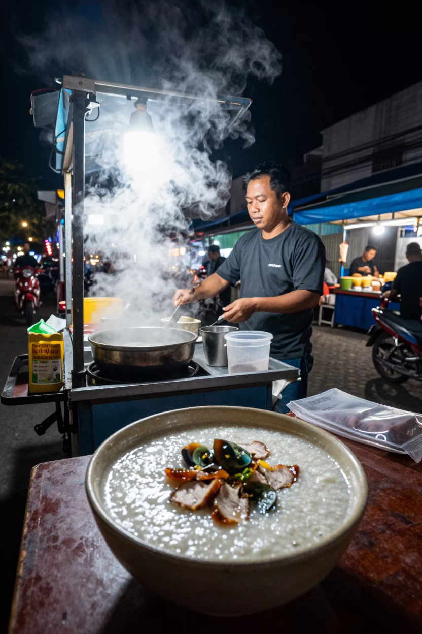 Late Night Street Food Stall in Yogyakarta Indonesia with Congee and City Life in in Yogyakarta, Indonesia