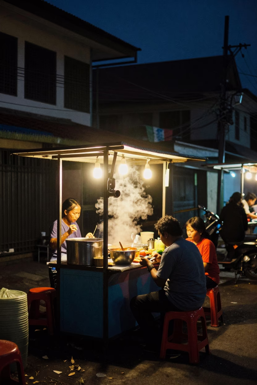 Late Night Street Food Stall in Yogyakarta Indonesia with Steam and Night Lights in in Yogyakarta, Indonesia
