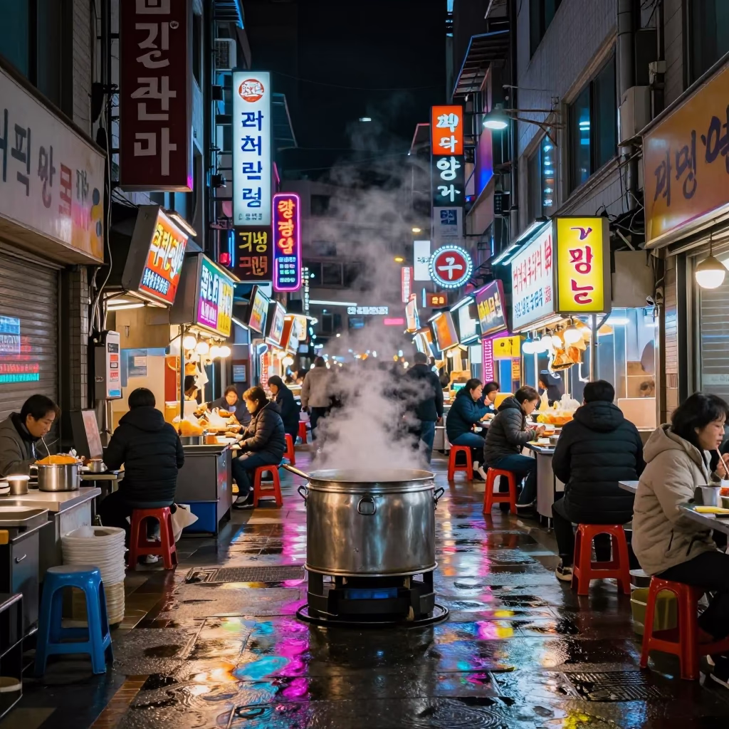 Late Night Street Food Stall with Neon Reflections and Steam in Busan South Korea in in Busan, South Korea