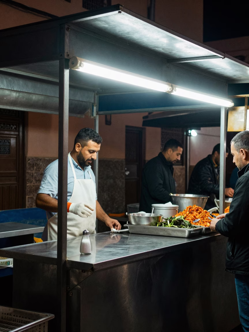 Late Night Street Food Stall with Salt Shaker in Marrakech Medina Morocco Night in in Marrakech, Morocco