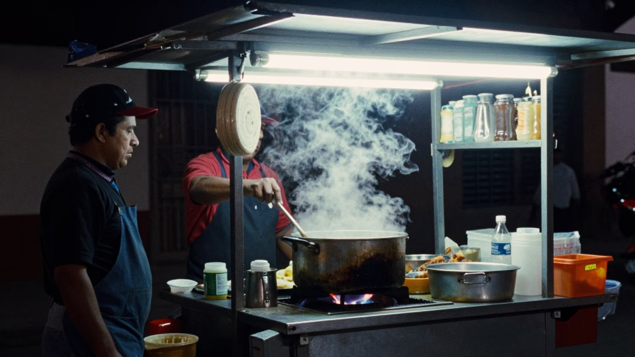 Late Night Street Food Stand in Guadalajara Mexico Cooking Pot and Radishes in in Guadalajara, Mexico