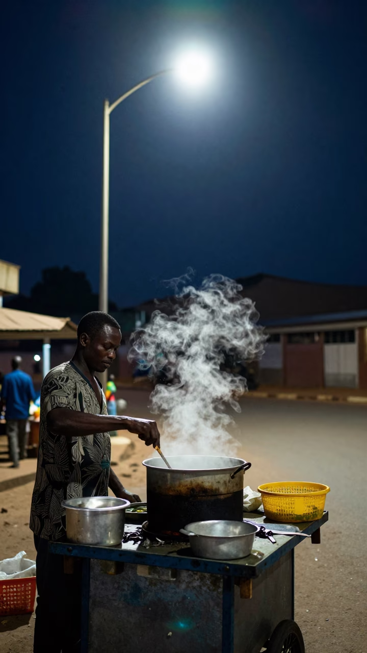 Late Night Street Food Vendor in Accra Ghana Serving Soup Near Traffic in in Accra, Ghana