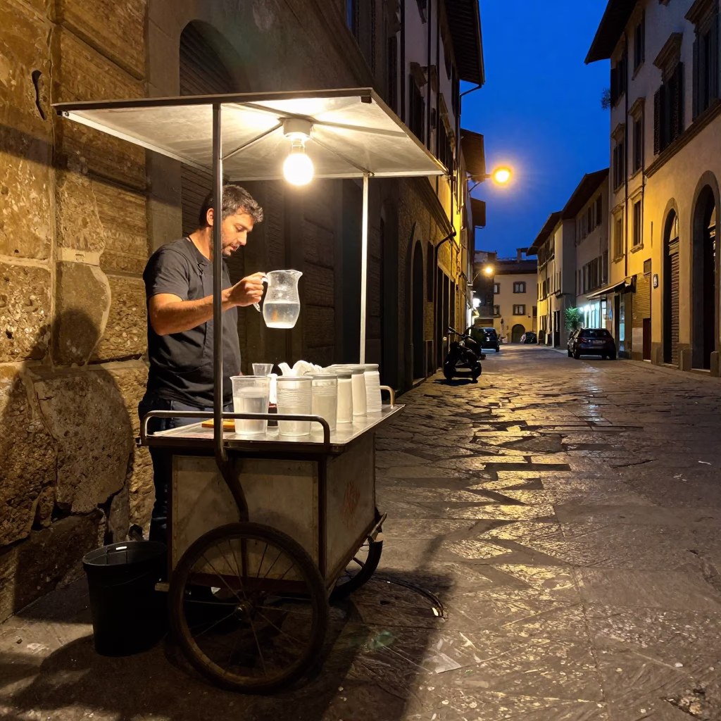 Late Night Street Food Vendor in Florence Italy with Glass Pitcher and Rosemary in in Florence, Italy