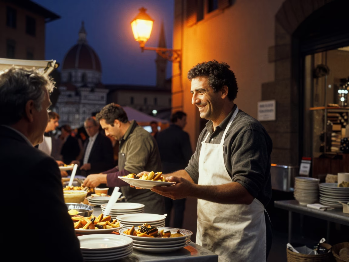 Late Night Street Food Vendor in Florence Italy with Plate of Risotto in in Florence, Italy