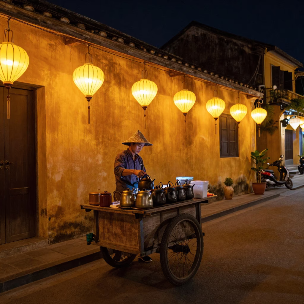 Late Night Street Food Vendor in Hoi An Vietnam Preparing Tea Kettles and Tomatoes in in Hoi An, Vietnam