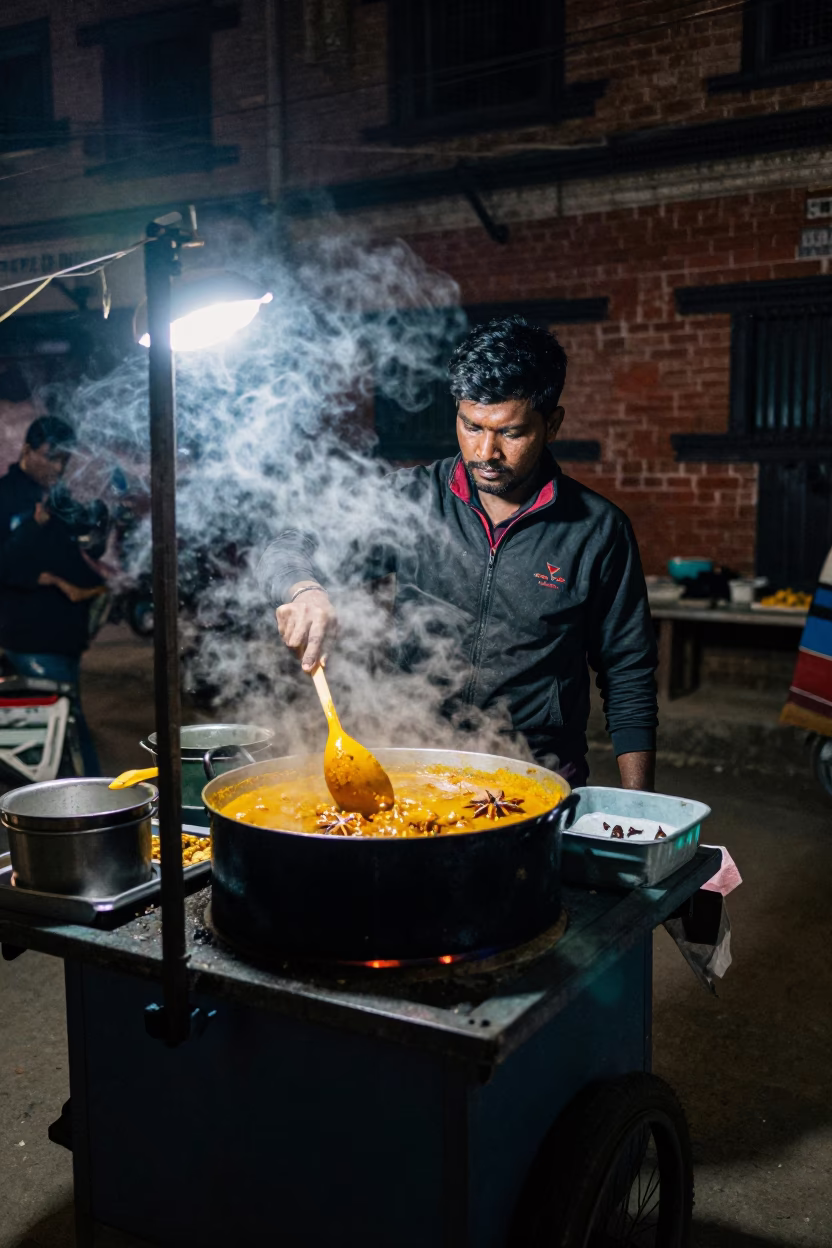 Late Night Street Food Vendor in Kathmandu Nepal Cooking Curry Under Streetlight in in Kathmandu, Nepal