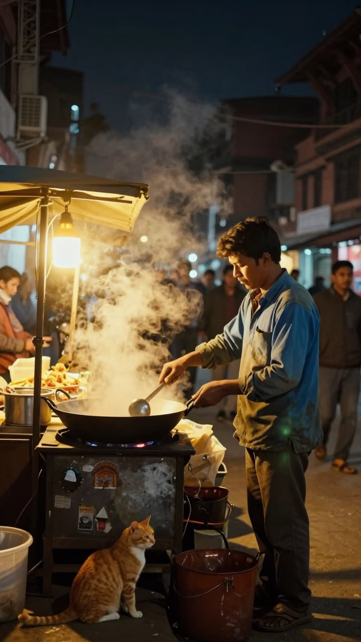 Late Night Street Food Vendor in Kathmandu with Orange Cat and Steam in in Kathmandu, Nepal