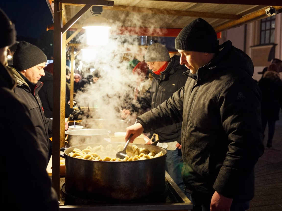 Late Night Street Food Vendor in Krakow Poland Serving Hot Pierogi at Night in in Krakow, Poland