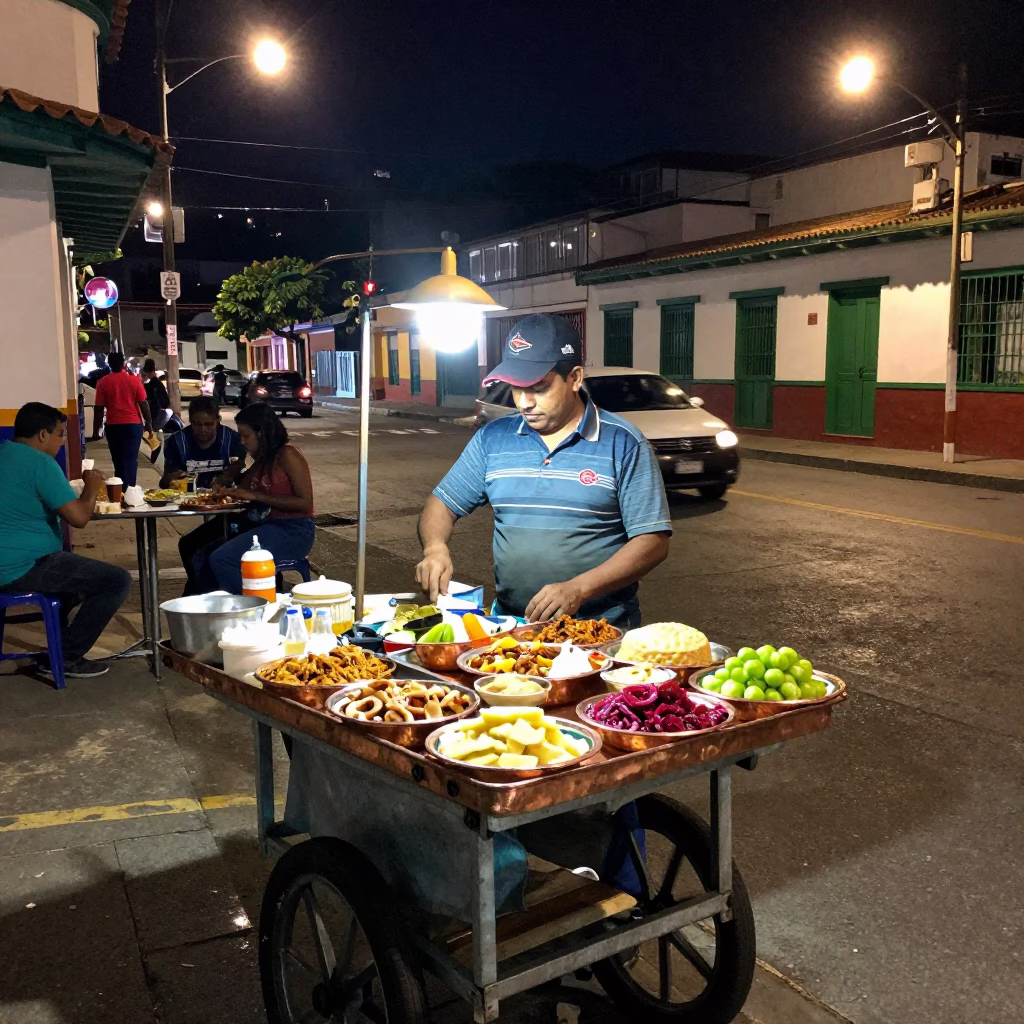Late Night Street Food Vendor in Medellin Colombia with Copper Tray and Condensation in in Medellin, Colombia