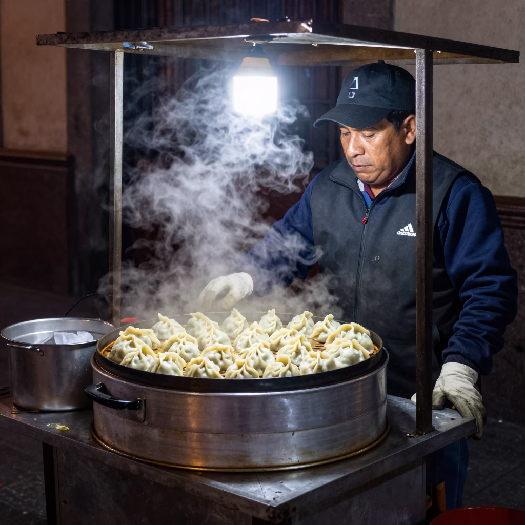 Late Night Street Food Vendor in Mexico City with Dumplings and Brass Bell in in Mexico City, Mexico