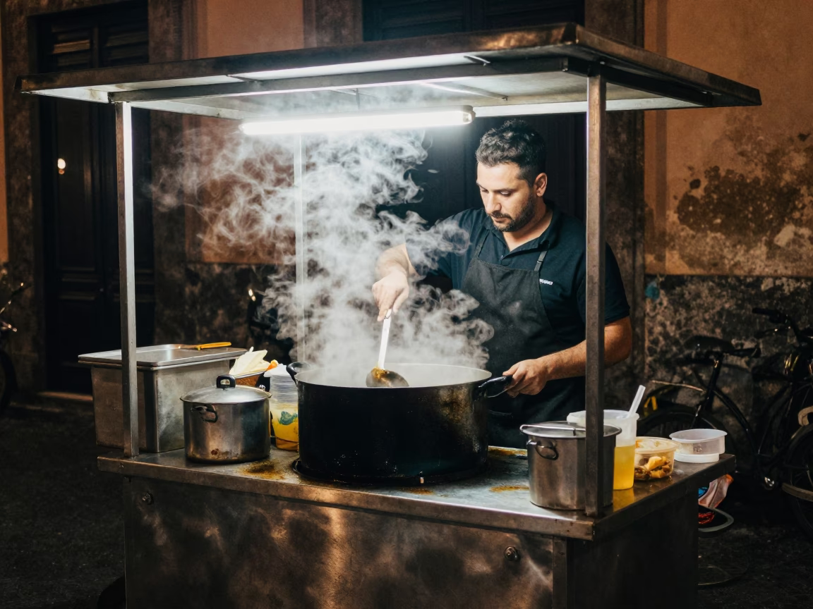 Late Night Street Food Vendor in Palermo Italy Cooking Pot and Canisters in in Palermo, Italy