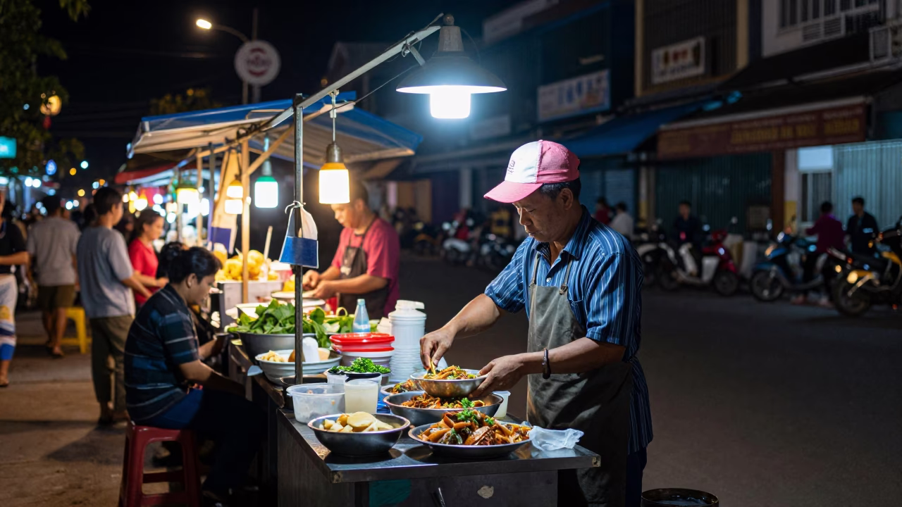 Late Night Street Food Vendor in Phnom Penh Cambodia Preparing Fresh Khmer Noodle Soup in in Phnom Penh, Cambodia