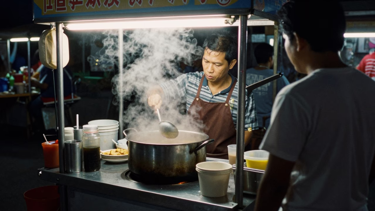 Late Night Street Food Vendor in Phuket Thailand Serving Steam Bowl at Midnight in in Phuket, Thailand