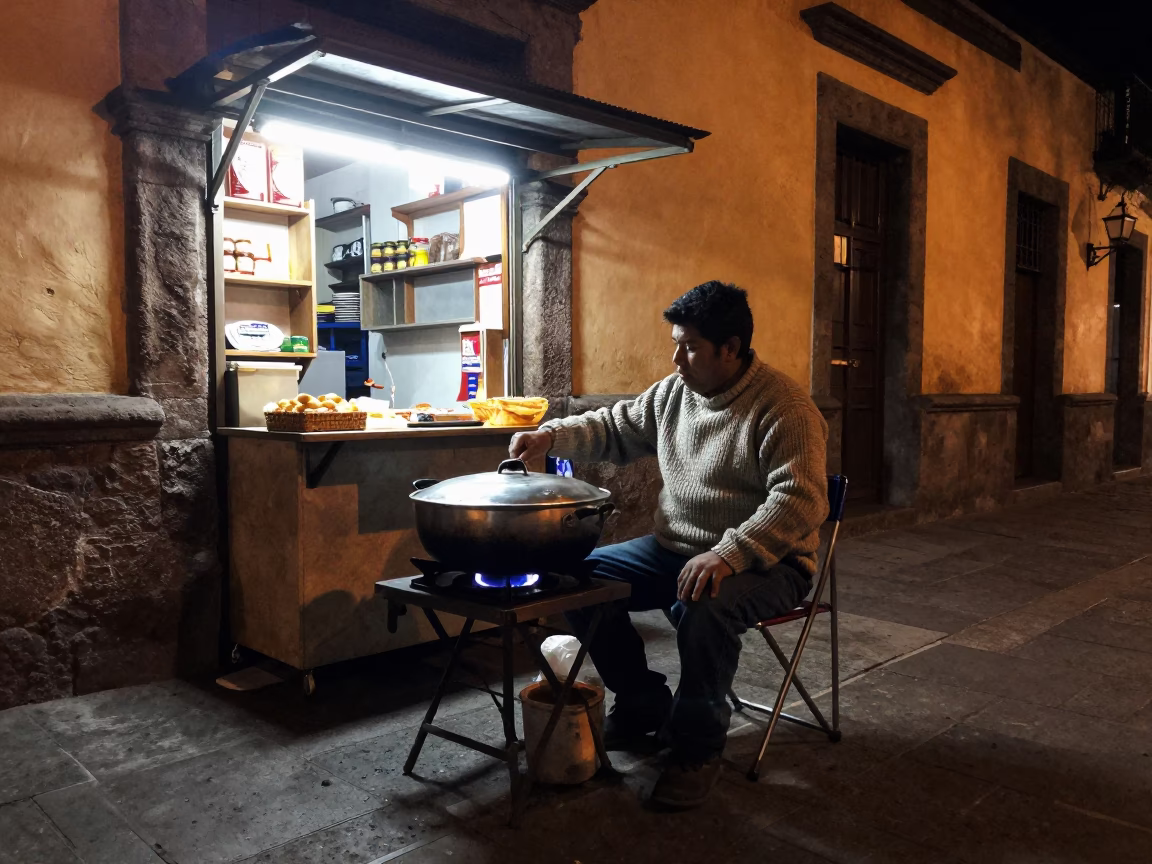 Late Night Street Food Vendor in Quito Ecuador With Folding Chair and Pot Lid in in Quito, Ecuador