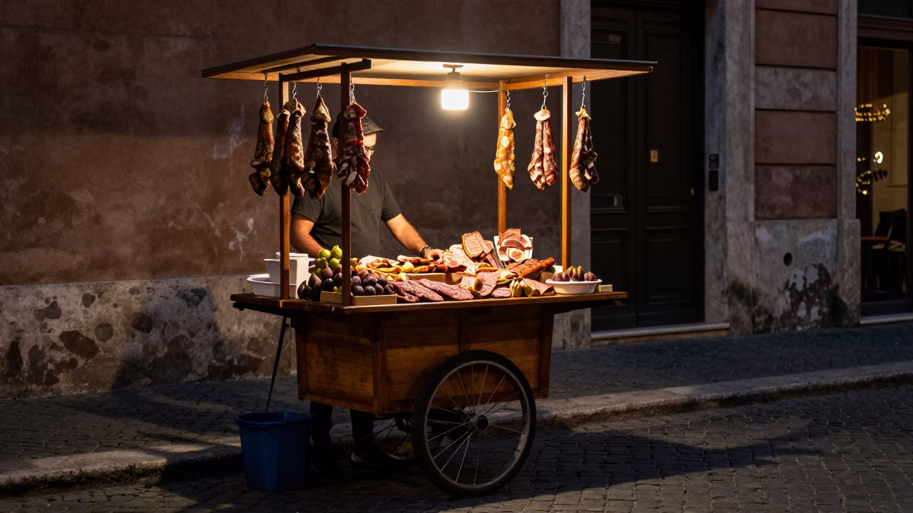 Late Night Street Food Vendor in Rome with Cured Meats and Figs in in Rome, Italy