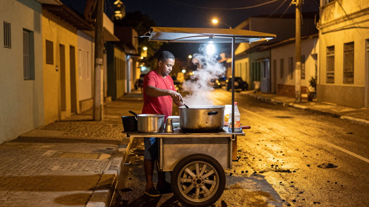 Late Night Street Food Vendor in Salvador Brazil with Saucepan and Grater in in Salvador, Brazil