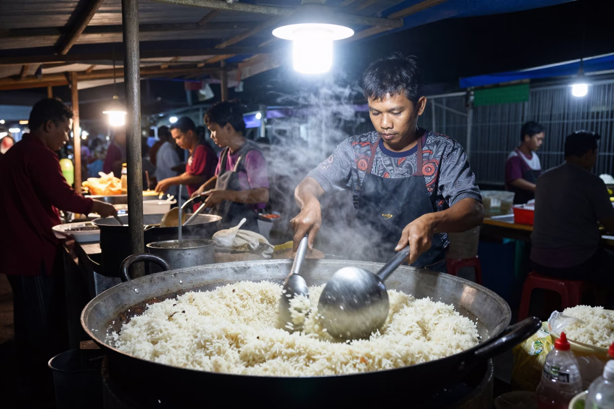 Late Night Street Food Vendor in Surabaya Indonesia Cooking Rice with Whisks in in Surabaya, Indonesia