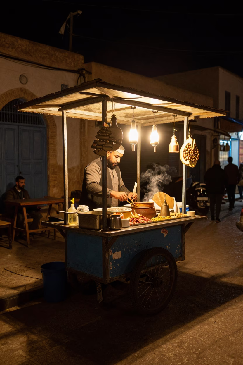 Late Night Street Food Vendor in Tunis Medina with Incense and Lanterns in in Tunis, Tunisia