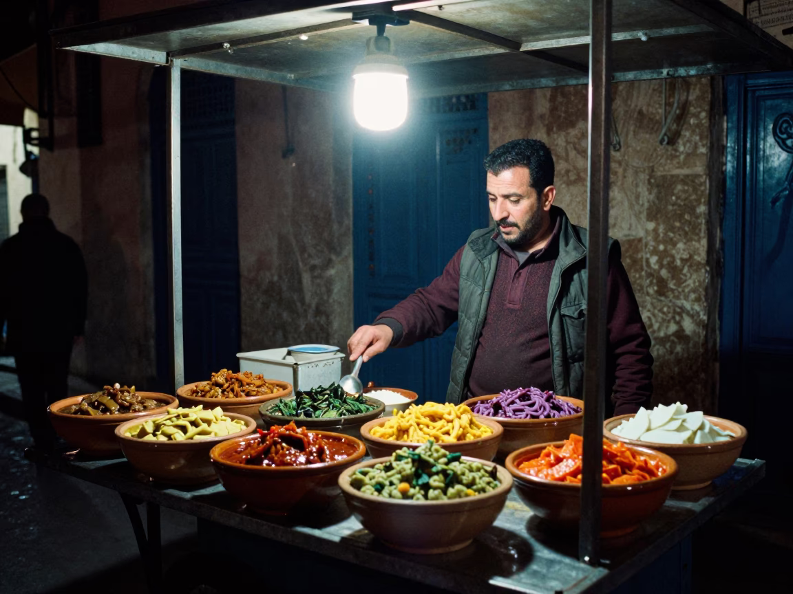 Late Night Street Food Vendor in Tunis Tunisia Serving Colorful Stews and Injera in in Tunis, Tunisia