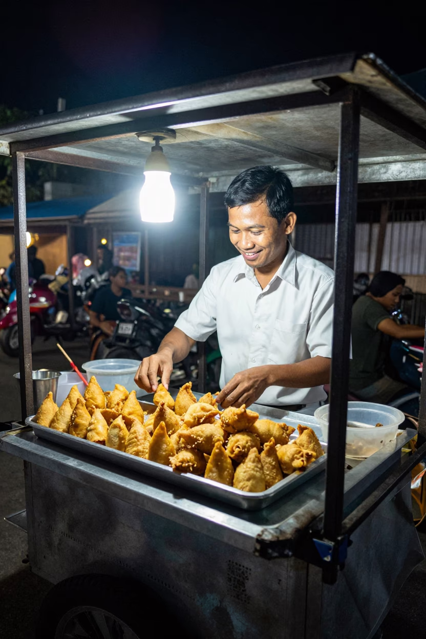 Late Night Street Food Vendor in Yogyakarta Indonesia with Golden Fried Snacks in in Yogyakarta, Indonesia