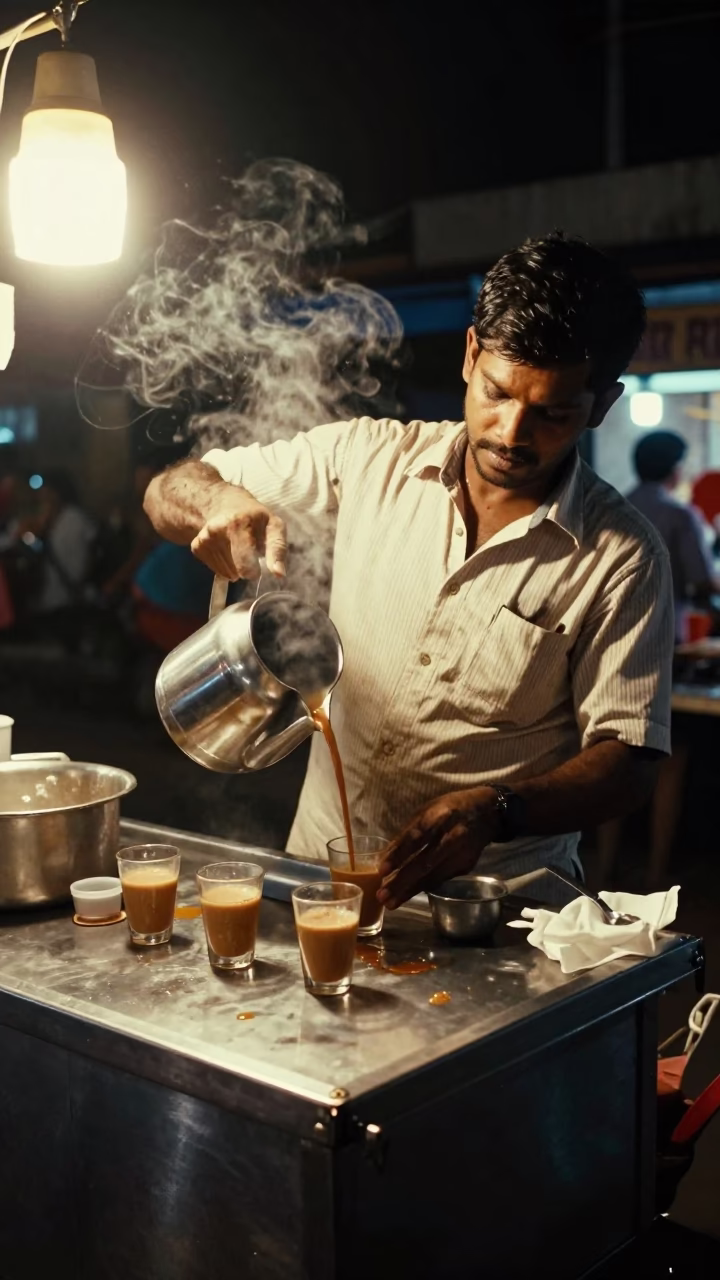 Late Night Street Food Vendor Preparing Chai in Chennai India Night in in Chennai, India