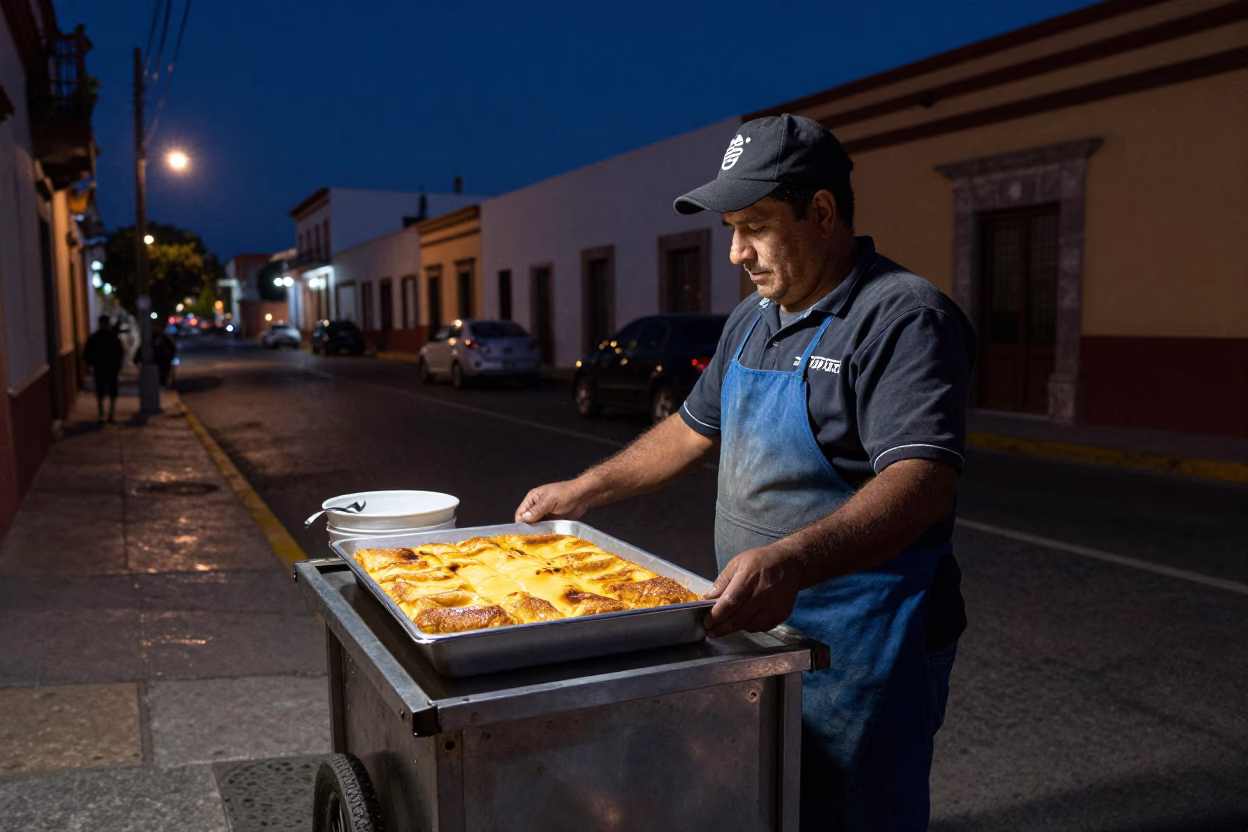 Late Night Street Food Vendor Serving Hot Kunafa in Guadalajara Mexico Under Night Sky in in Guadalajara, Mexico