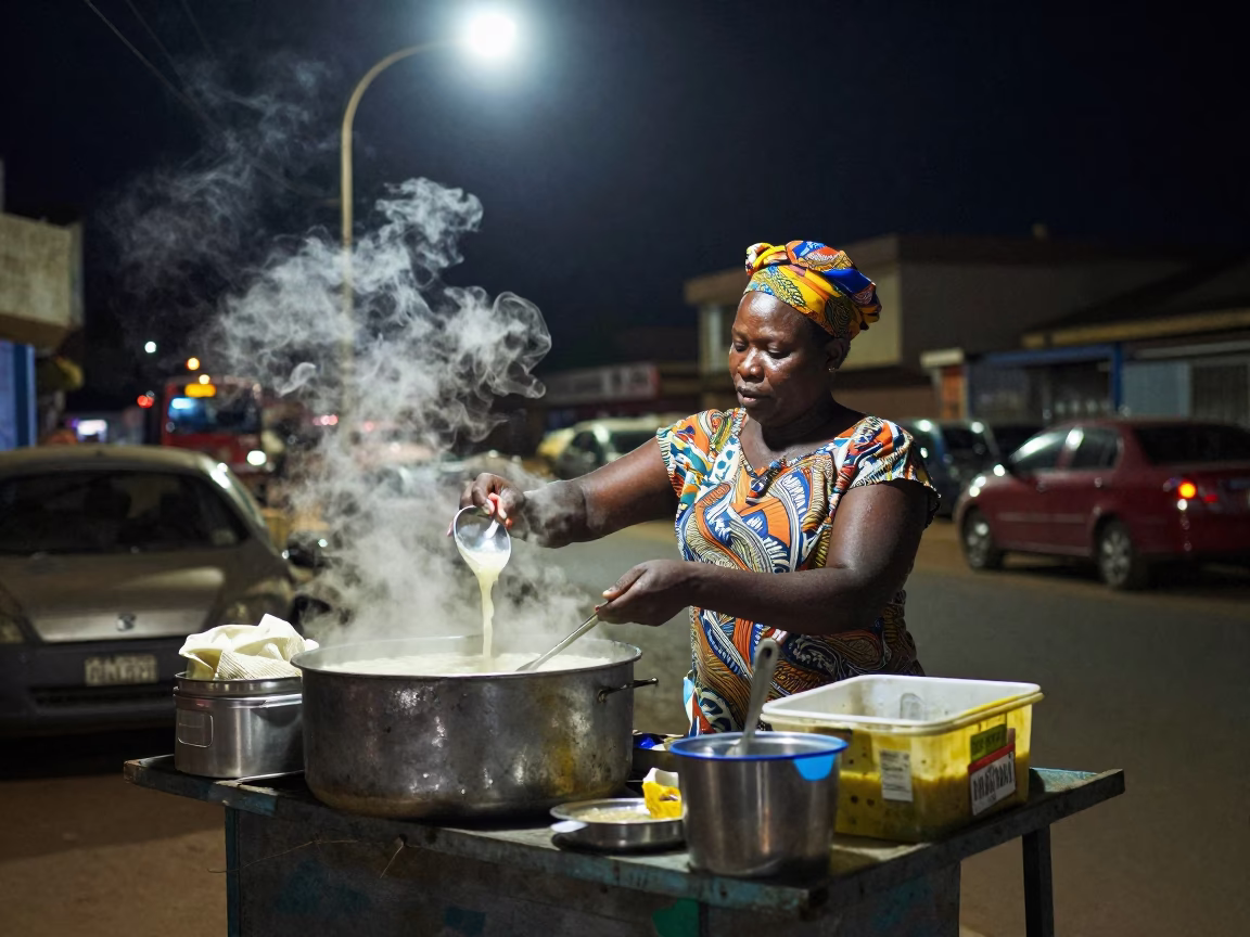 Late Night Street Food Vendor Serving Kacamak Porridge in Accra Ghana Night Market in in Accra, Ghana