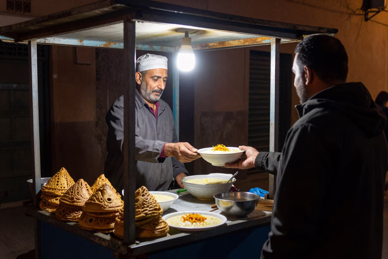 Late Night Street Food Vendor Serving Kheer in Fez Morocco in in Fez, Morocco